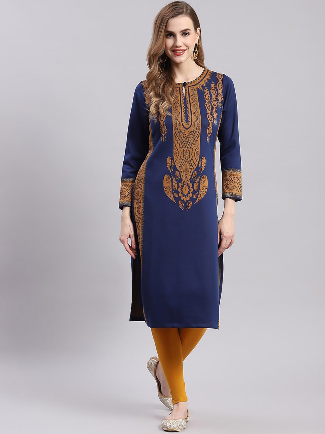 

Monte Carlo Ethnic Motifs Printed Keyhole Neck Straight Kurta, Blue