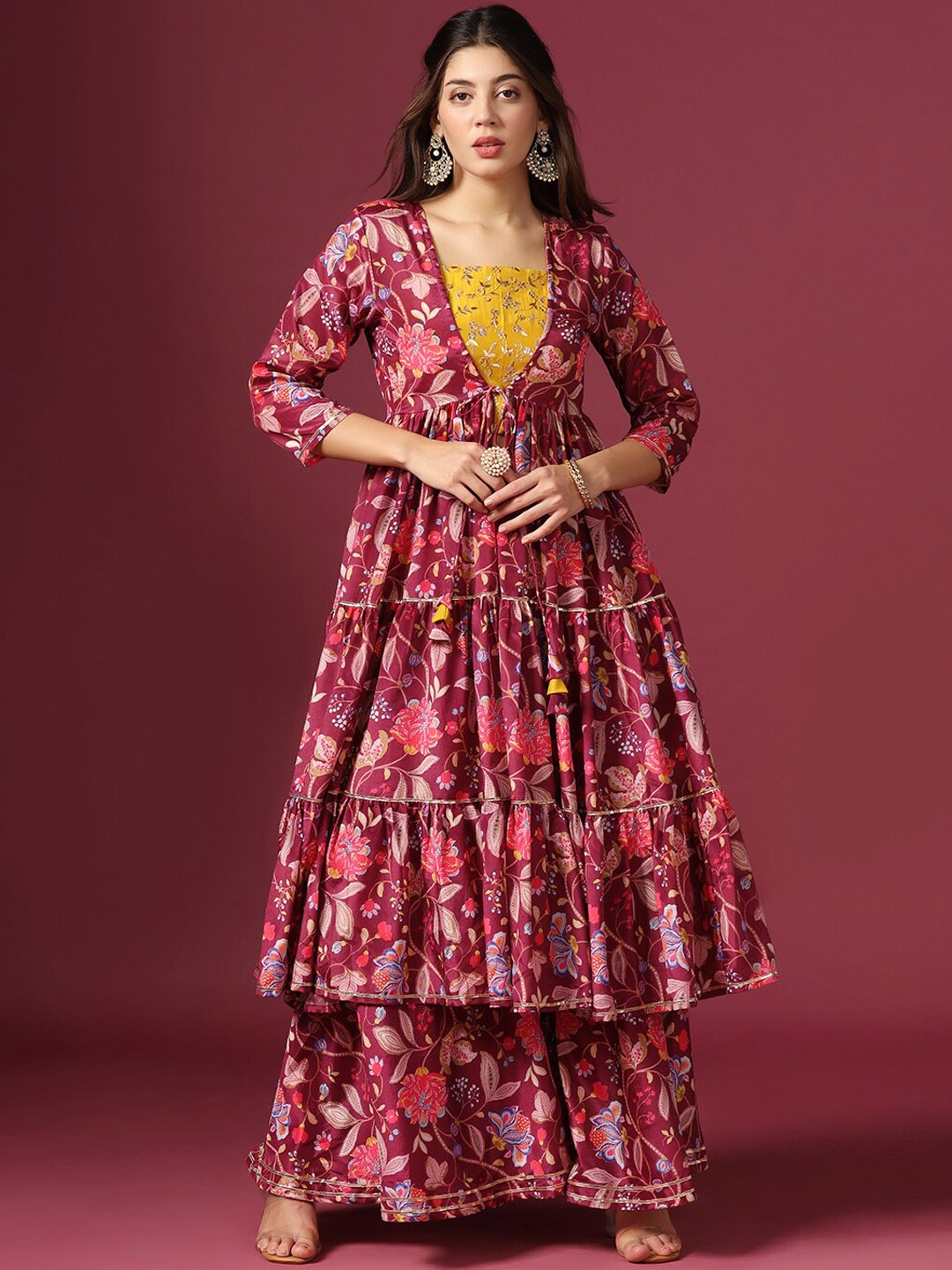 

FASHION DREAM Floral Printed Crop Top with Sharara & Shrug, Purple