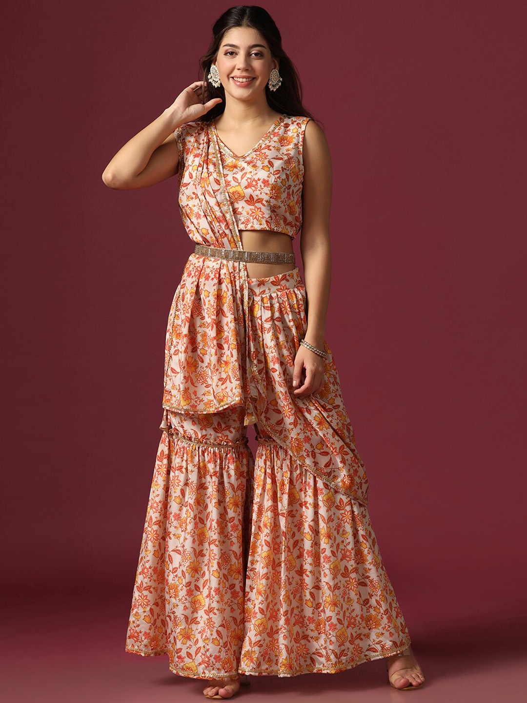 

FASHION DREAM Floral Printed Crop Top With Attached Dupatta & Sharara, Orange