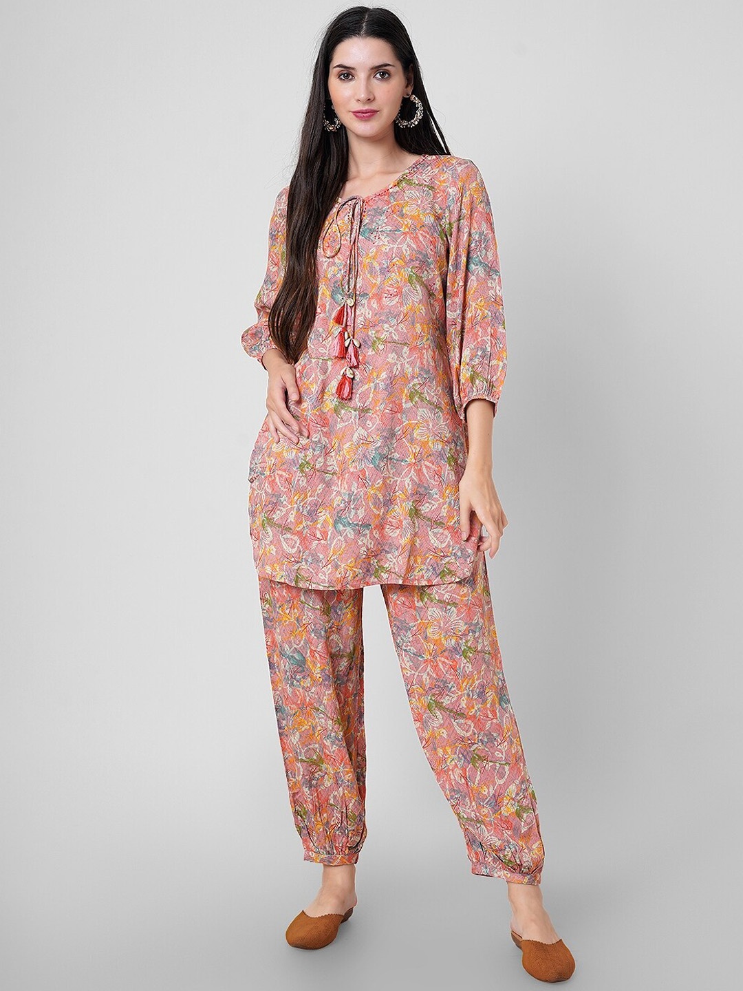 Haute and Humble Floral Printed Tunic With Patiyala, Peach