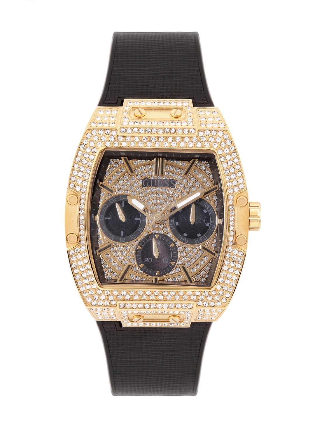 

GUESS Men Embellished Phoenix Leather Analogue Multi Function Watch, Gold