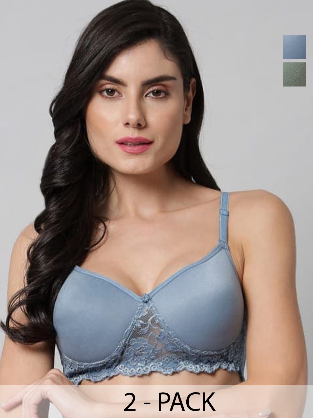 

Extoes Pack Of 2 Floral Bra Full Coverage Lightly Padded Cotton Push-Up Bra, Blue