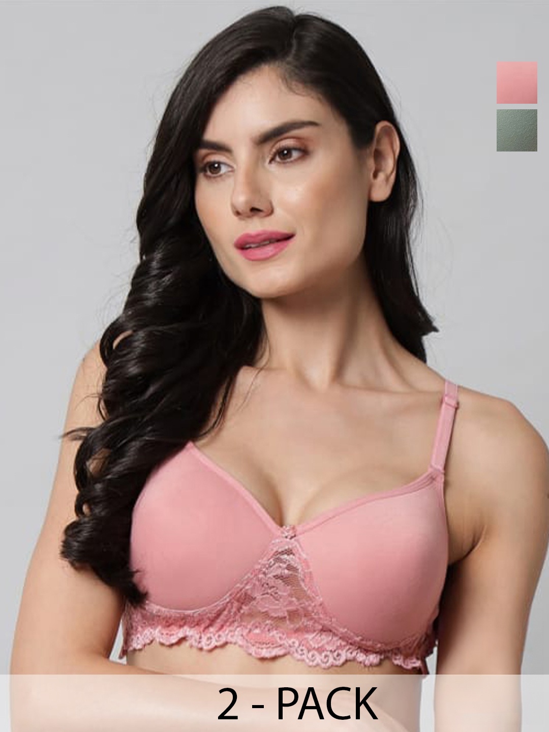

Extoes Pack Of 2 Floral Bra Full Coverage Lightly Padded Cotton Push-Up Bra, Green