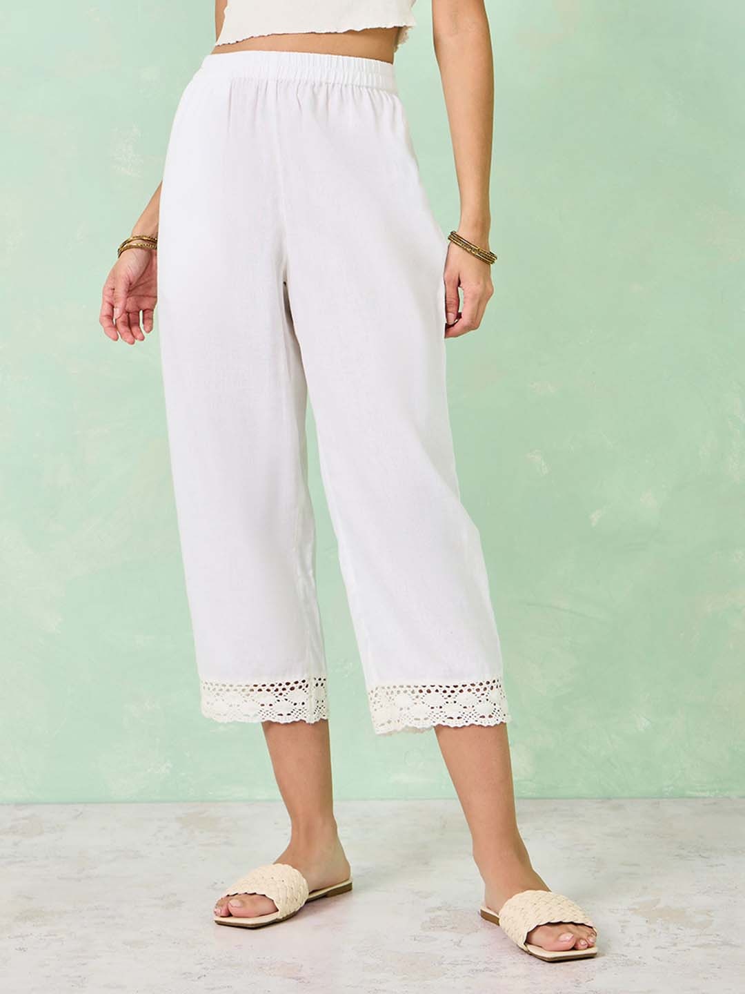 

Styli Women Cotton Smart Schiffli Trousers, White