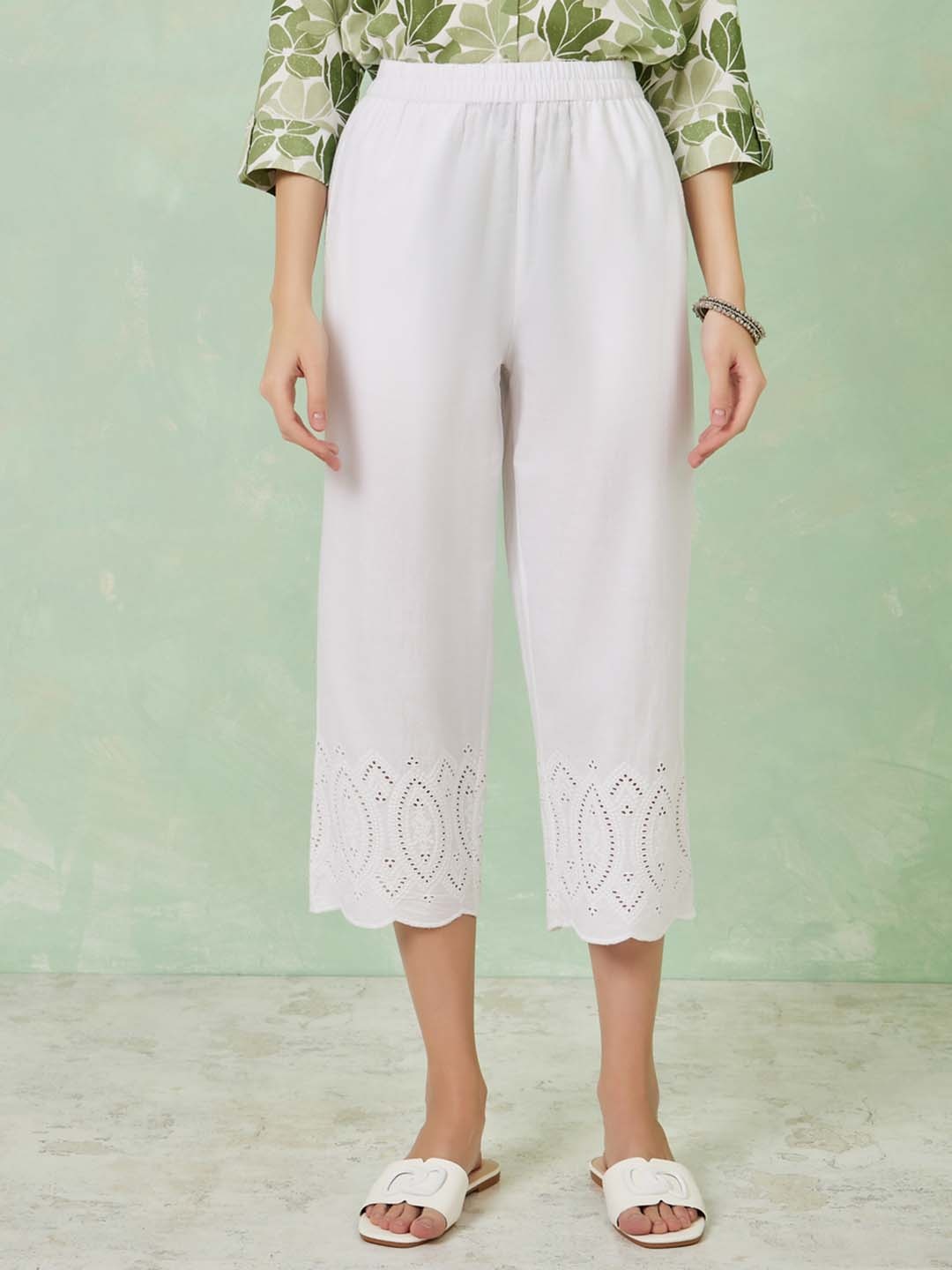 

Styli Women Cotton Smart Schiffli Cropped Trousers, White