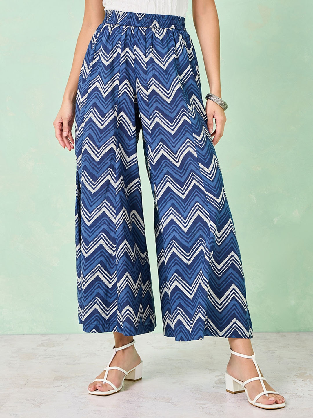 

Styli Women Printed Flared Ethnic Palazzos, Navy blue