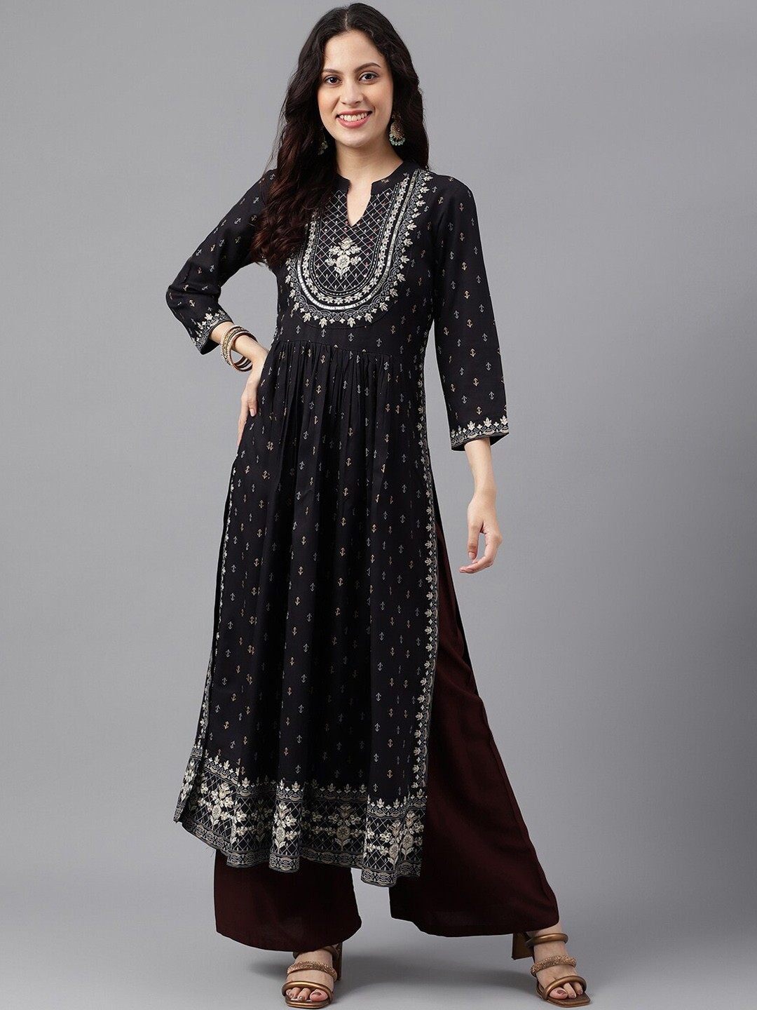 

KALINI Floral Printed A-line Kurta, Black