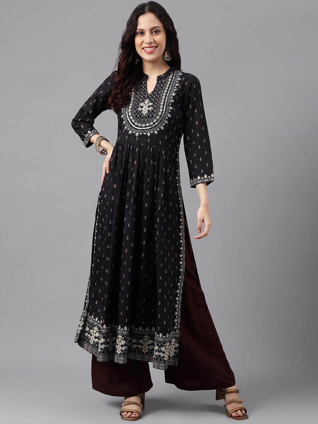 

KALINI Ethnic Motifs Printed Sequined A-Line Kurta, Black