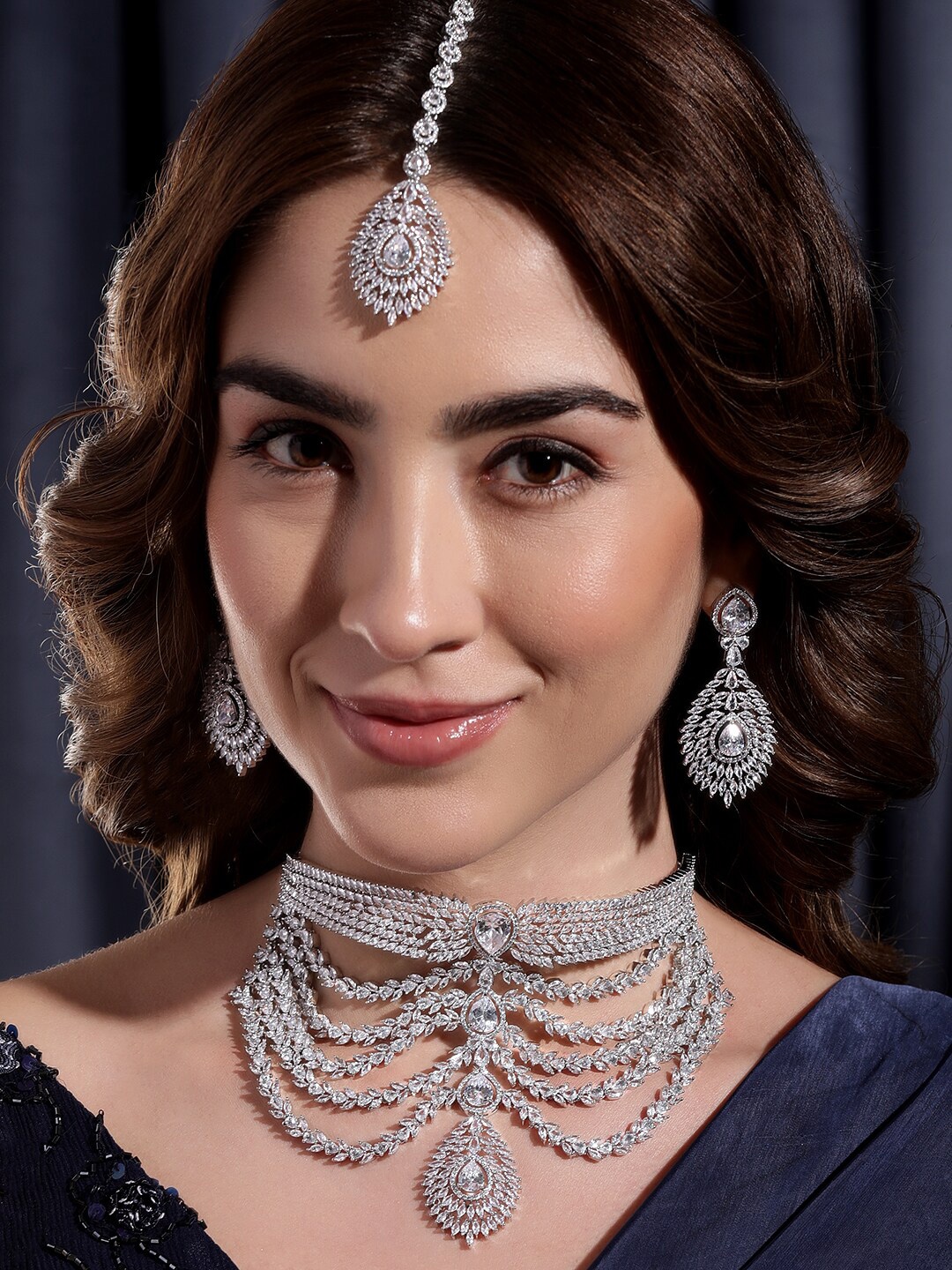 

Rubans Rhodium-Plated CZ-Studded & Crystal Jewellery Set, Silver
