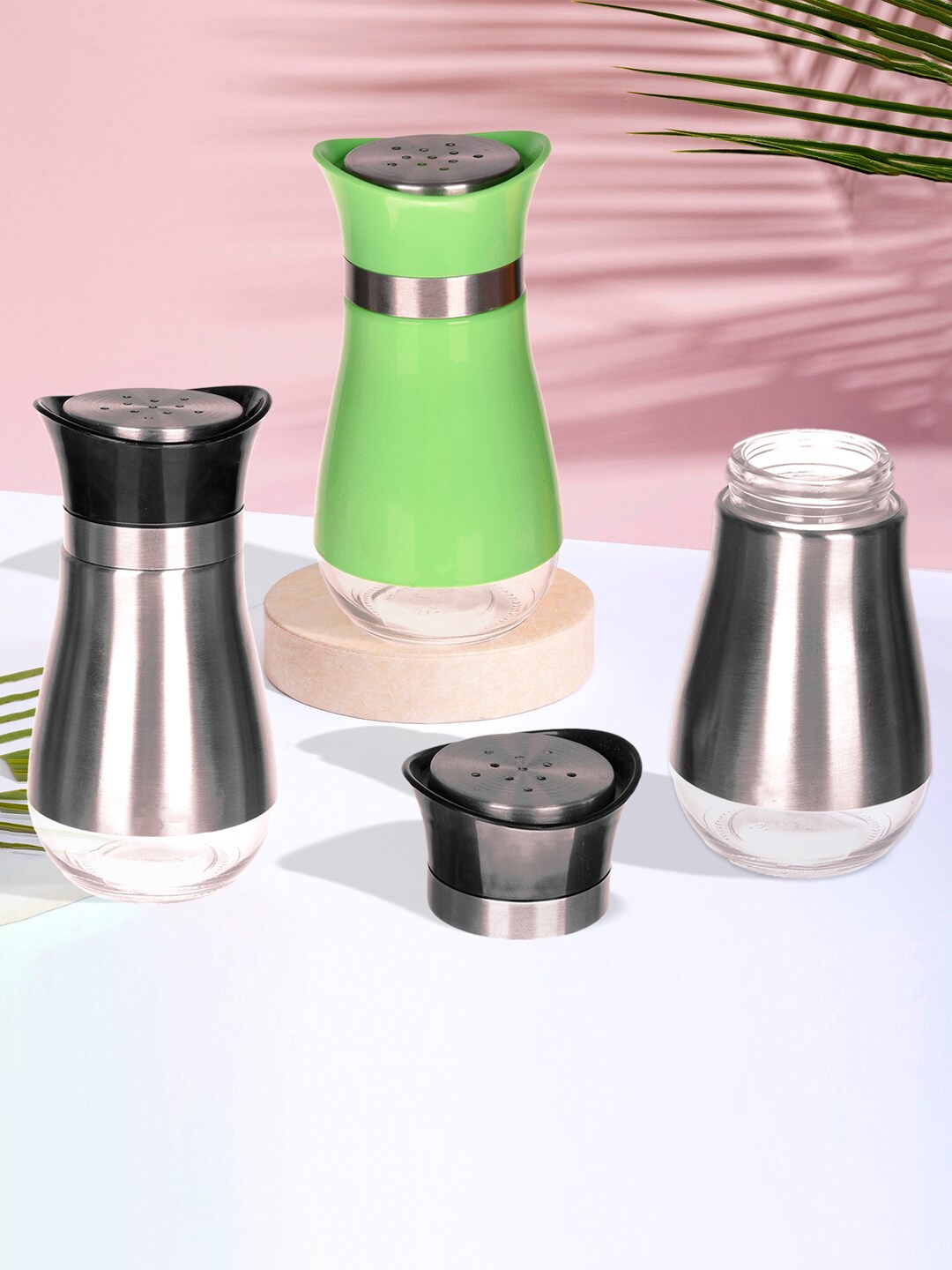 

Kuber Industries Green & Silver Toned 3 Pcs Stainless Steel Salt Shaker Box