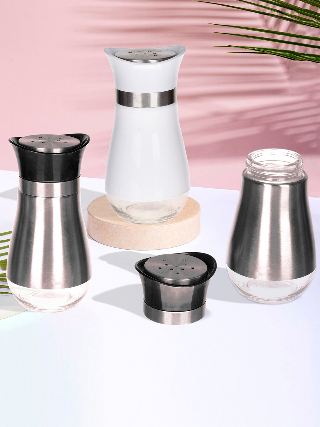 

Kuber Industries White & Silver Toned 3 Pcs Stainless Steel Salt and Pepper Shakers, Multi