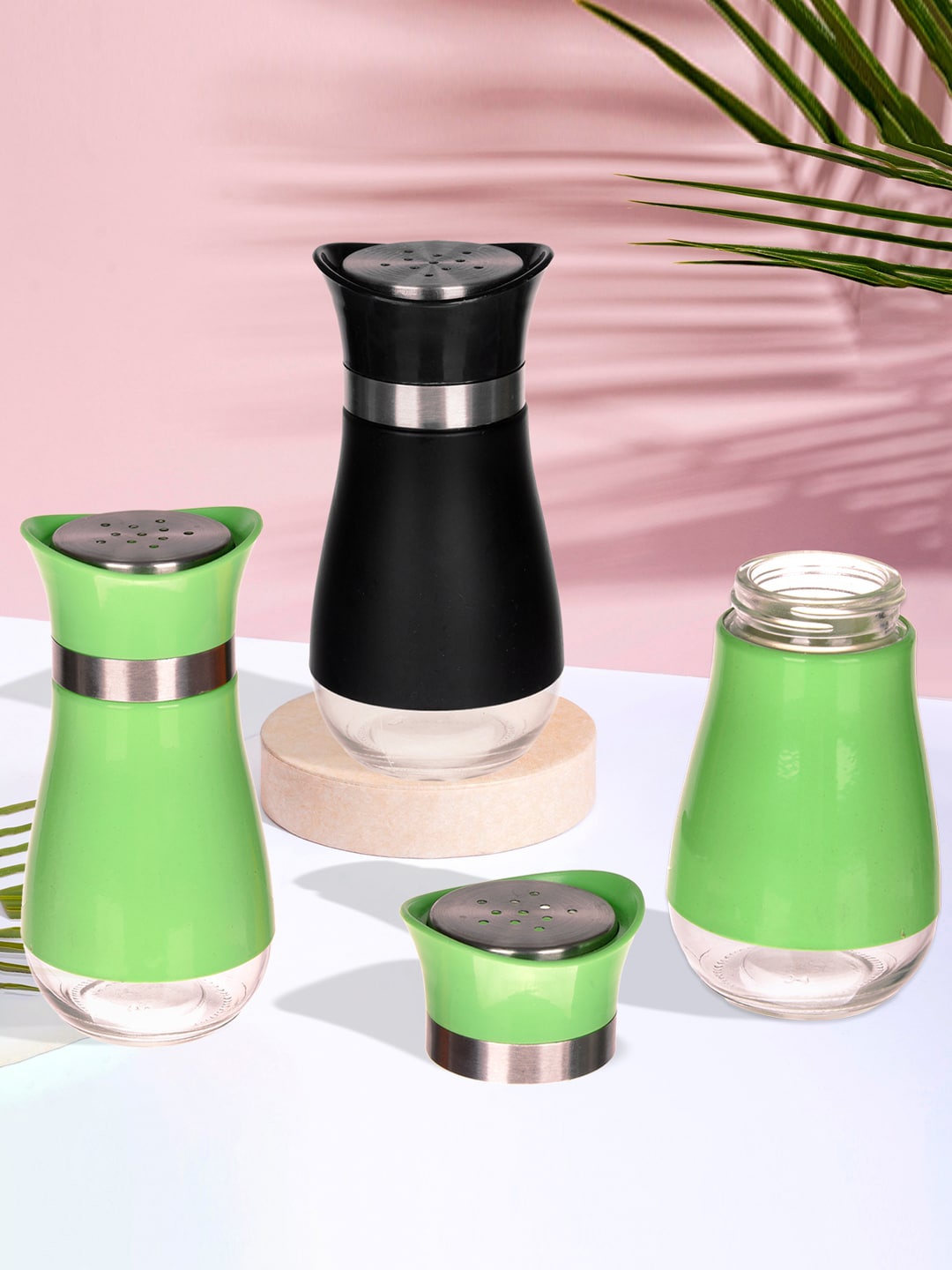 

Kuber Industries Green & Black 3 Pieces Stainless Steel Salt & Pepper Shakers