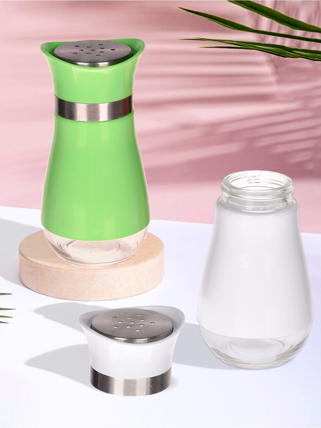 

Kuber Industries Green & White 2 Pieces Stainless Steel Salt and Pepper Shakers