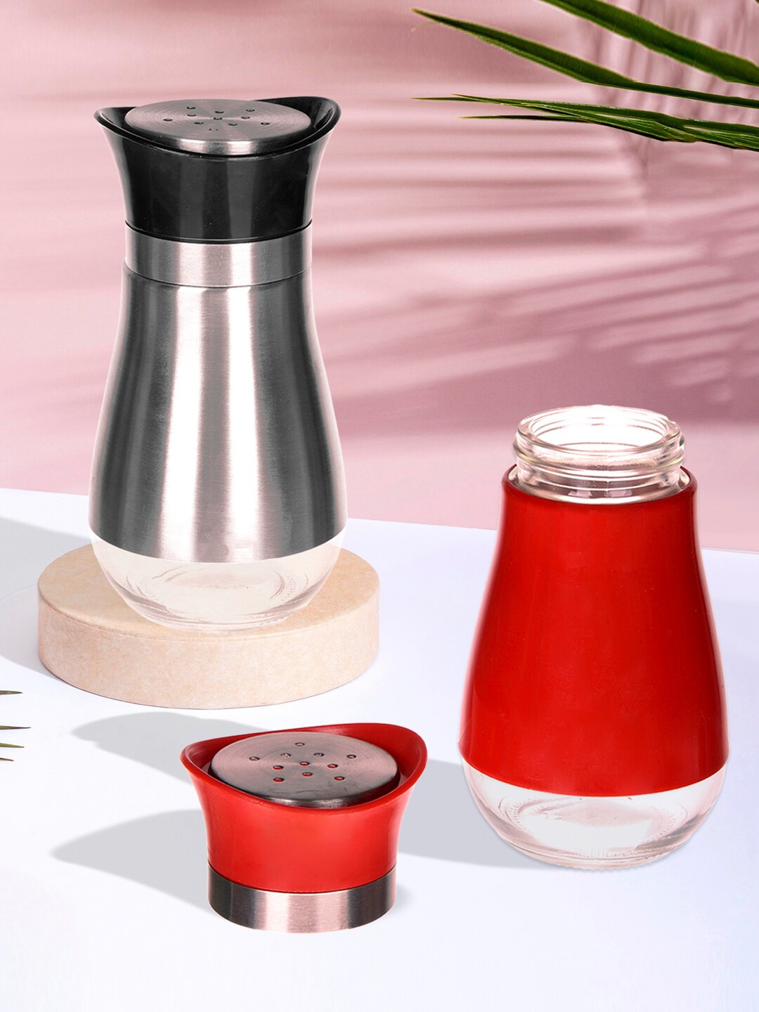 

Kuber Industries 2 Pcs Red & Silver-Toned Salt Shaker Dining Table Masala Box