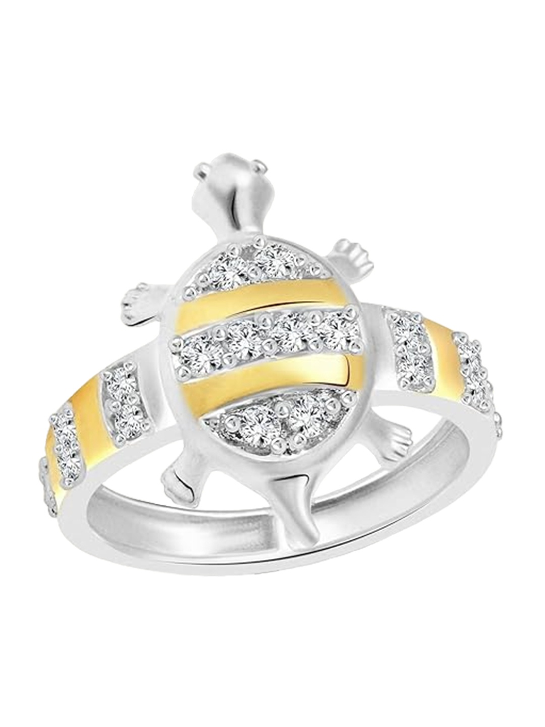 

Vighnaharta Gold-Plated & Rhodium-Plated CZ-Studded Turtle Finger Ring, Silver