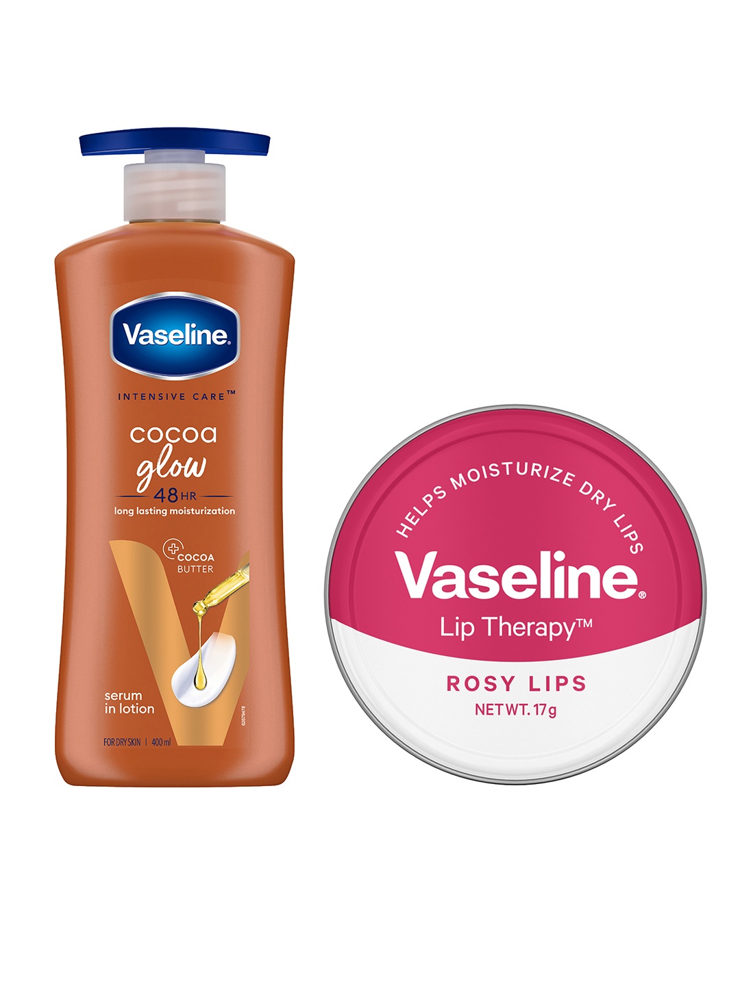 

Vaseline Glowing Skin & Hydrated Lips - Cocoa Glow Body Lotion 400 ml & Lip Balm-Rosy Lips, Brown