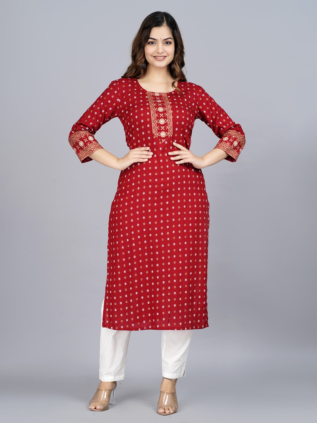 

KALINI Floral Printed Straight Kurta, Red