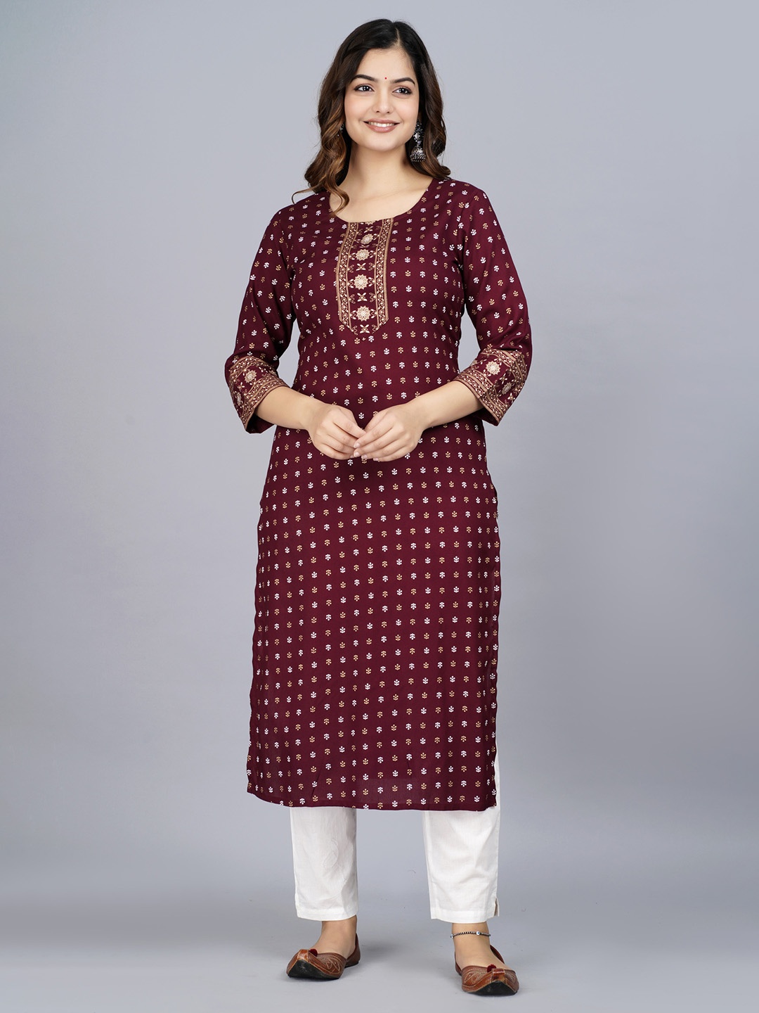 

KALINI Ethnic Motifs Printed Straight Kurta, Brown