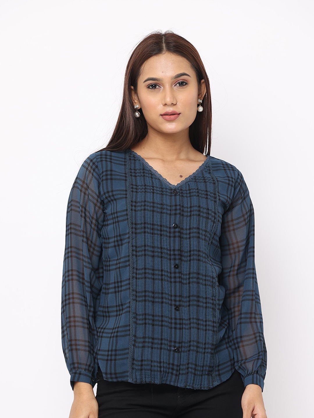 

GLORY & I V-Neck Checked Top, Teal