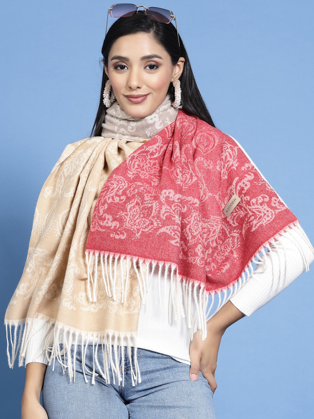 

Mafadeny Floral Printed Tasselled Stole, Pink