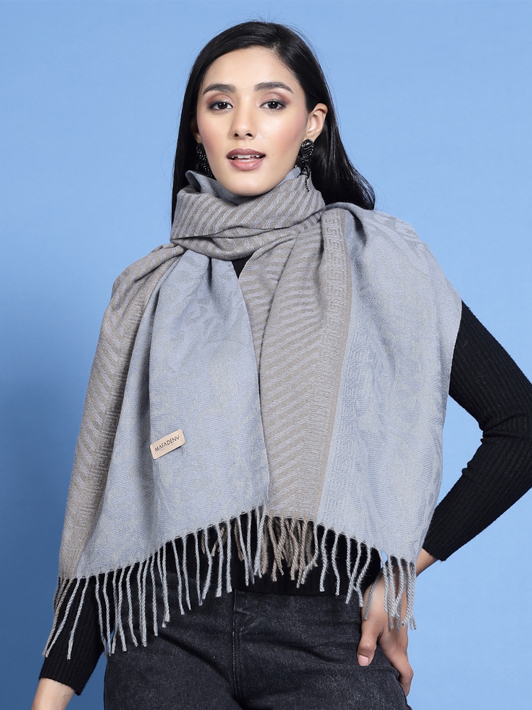 

Mafadeny Woven Design Ethnic Motifs Fringed Detail Shawl, Grey