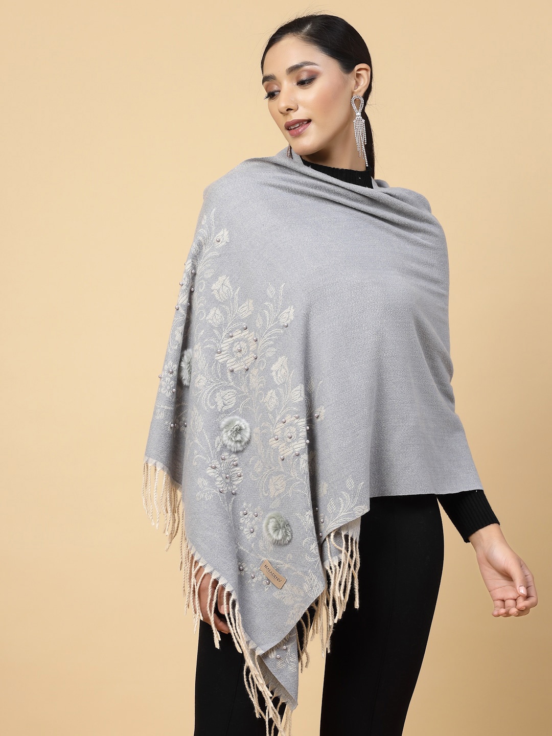

Mafadeny Floral Woven Design Tasselled Stole, Grey