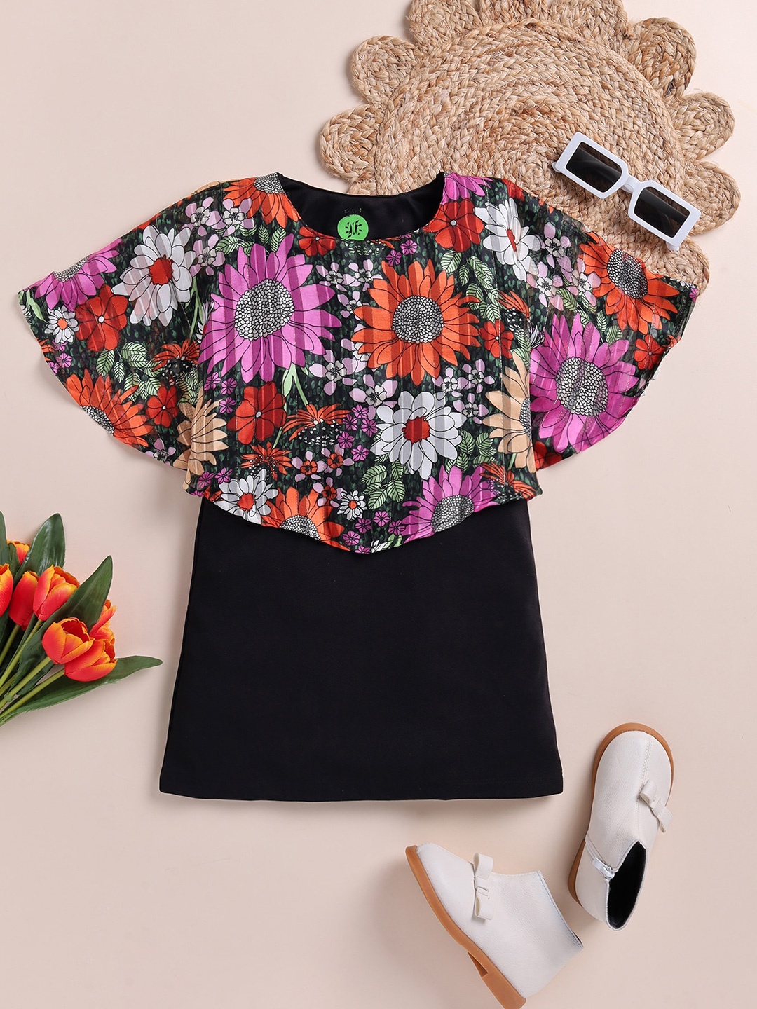 

YK Girls Floral Printed Cotton T Shirt Dress, Black