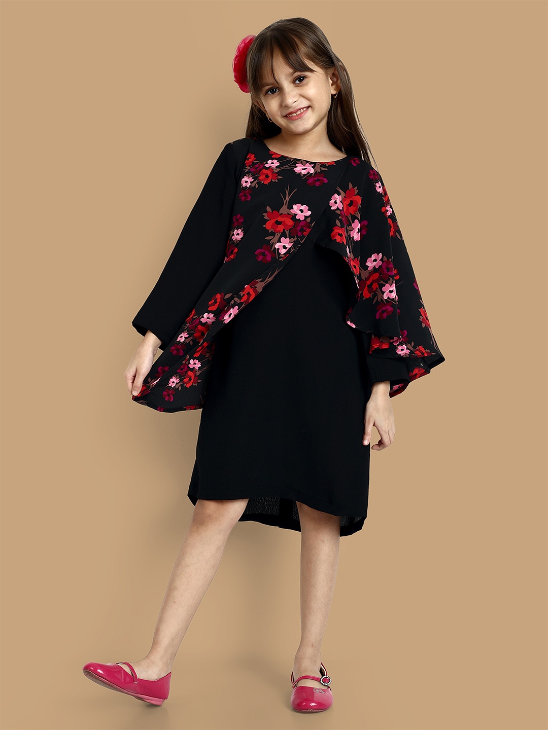 

YK Girls Floral Printed Cotton T Shirt Dress, Black