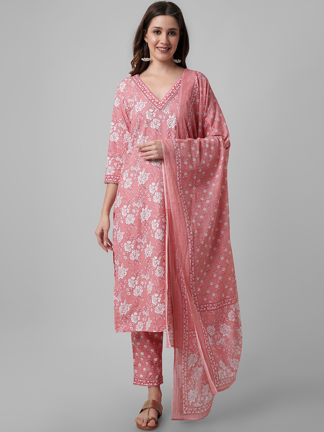 

Amayra Women Floral Printed Regular Pure Cotton Kurta with Trousers & With Dupatta, Peach