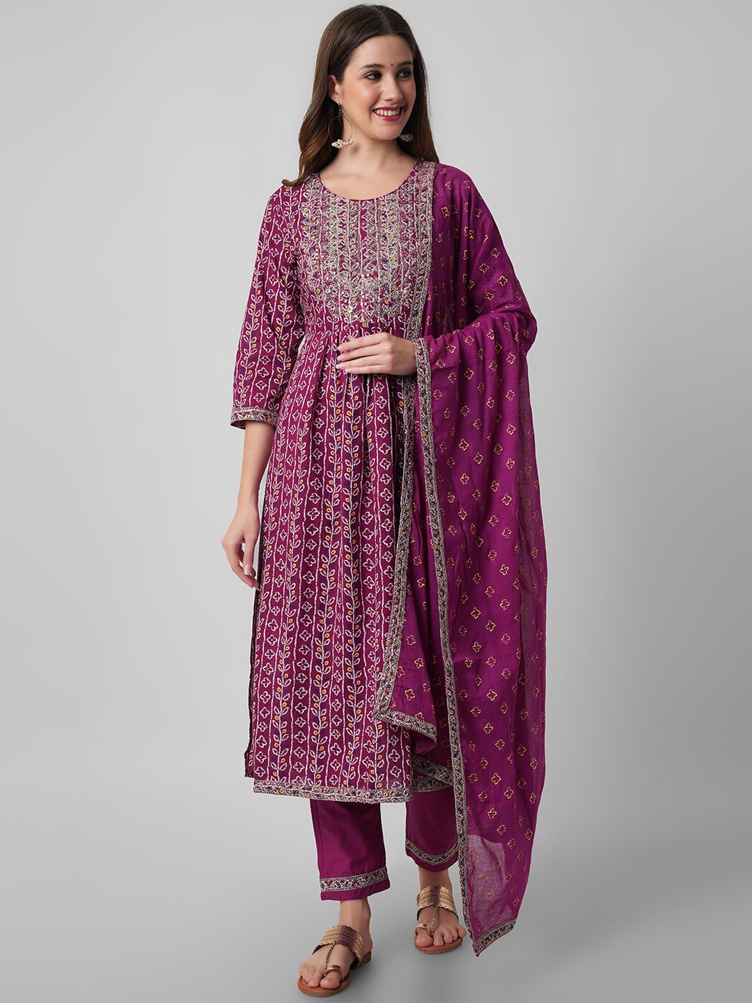 

Amayra Women Ethnic Motifs Printed Mirror Work Pure Cotton Kurta with Trousers & Dupatta, Burgundy