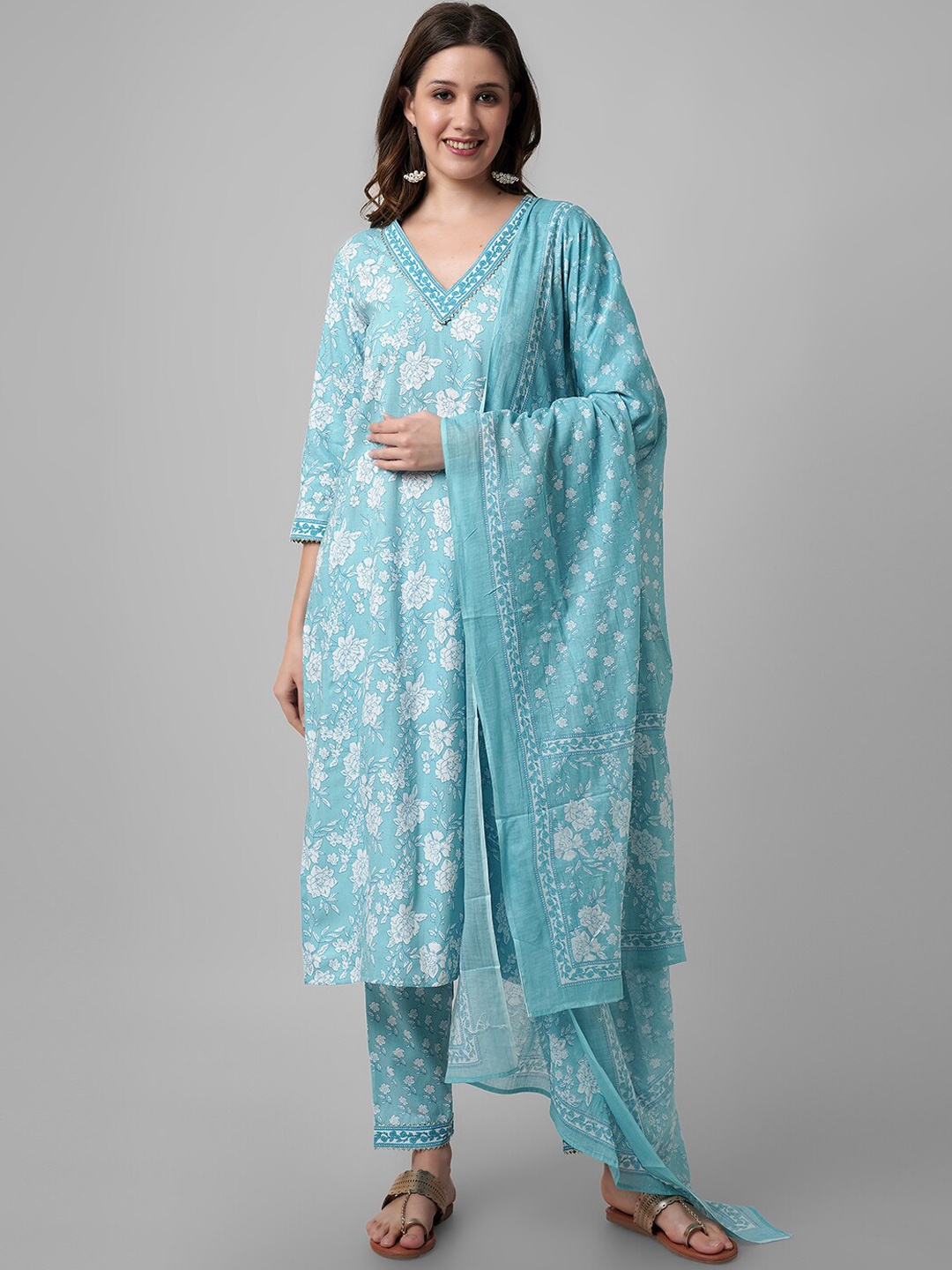

Amayra Women Floral Printed Regular Pure Cotton Kurta With Trousers & Dupatta, Blue