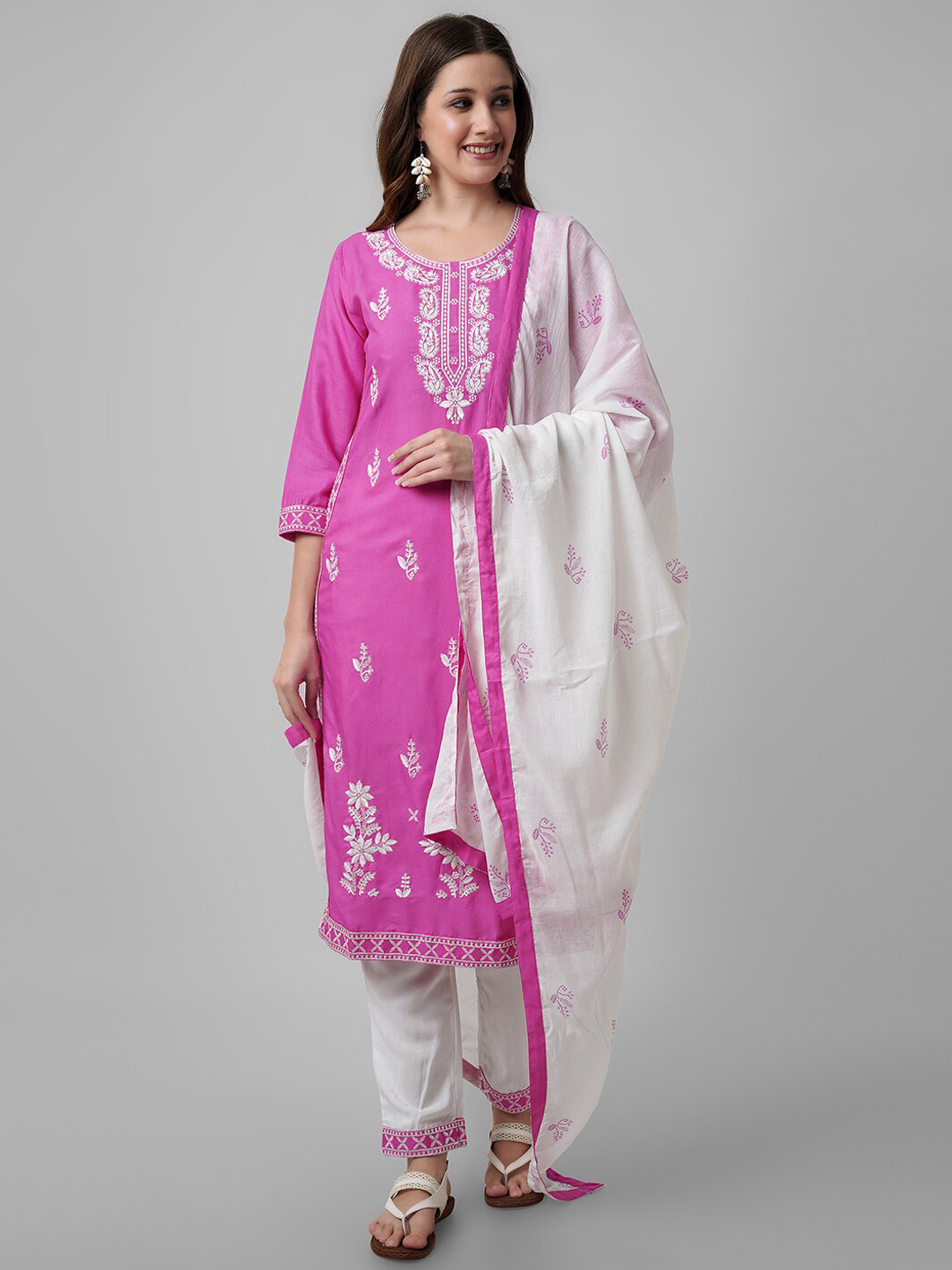 

Amayra Women Ethnic Motif Embroidered Pure Cotton Kurta With Trousers & Dupatta, Pink