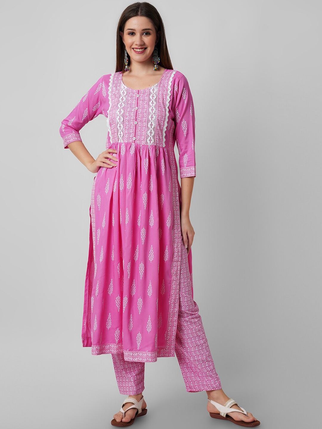 

Amayra Women Ethnic Motifs Printed A-Line Kurta With Trousers, Pink