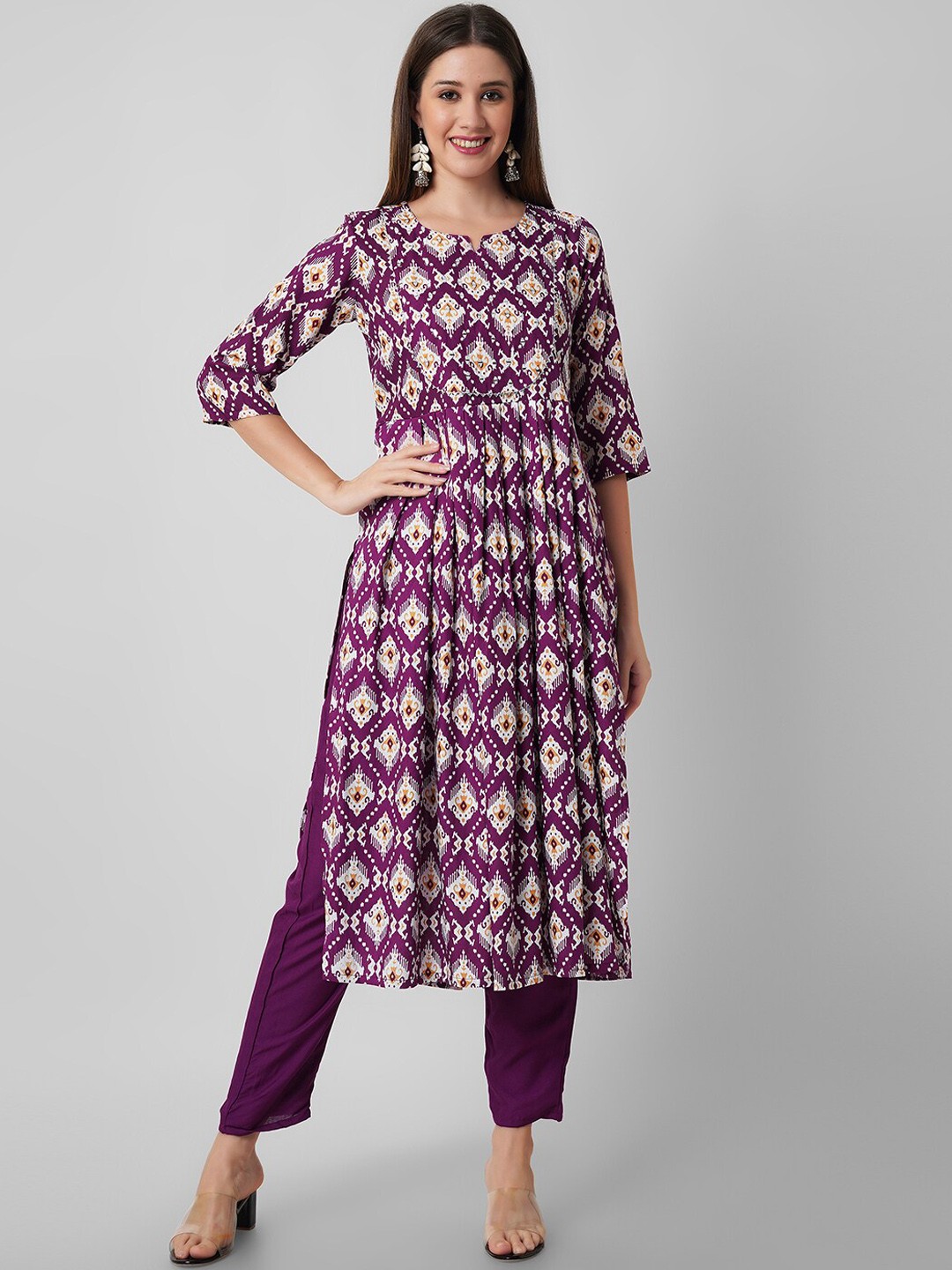 

Amayra Women Geometric Printed Notched Neck Gotta Patti Pleated A-Line Kurta With Trousers, Purple