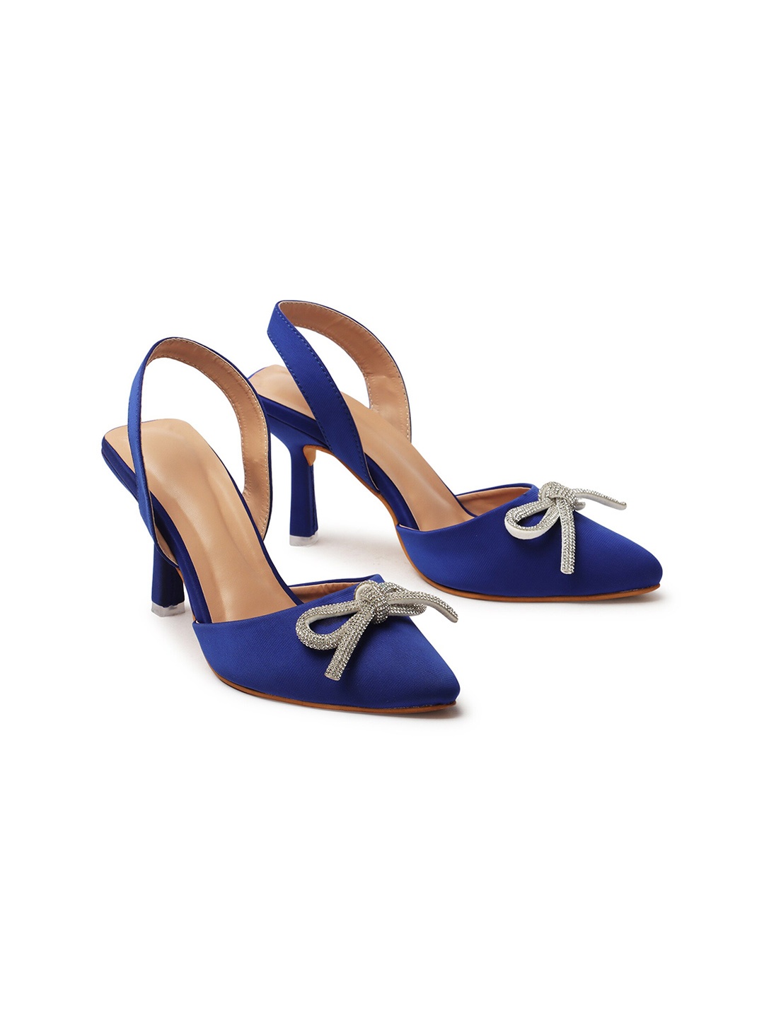 

KIRAVI Pointed Toe Slim Mules With Embellished Bows & Backstrap, Blue