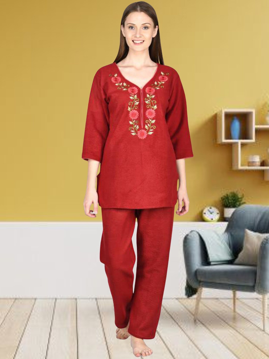 

Noty Women Floral Embroidered Top & Pyjamas, Maroon