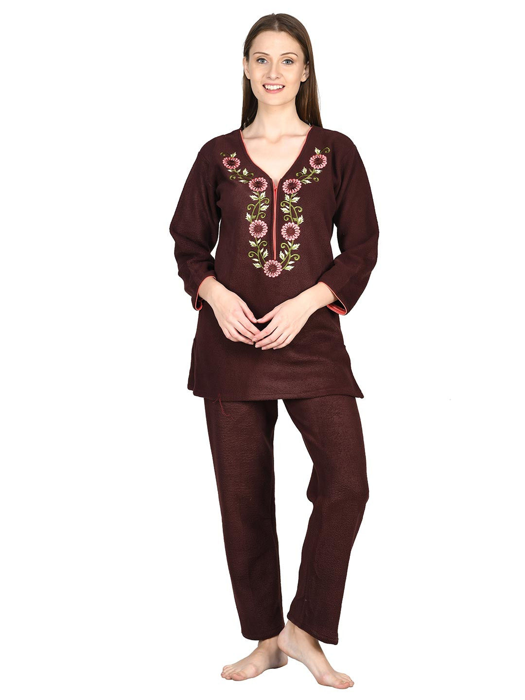 

Noty Floral Printed V-Neck Night suit, Coffee brown