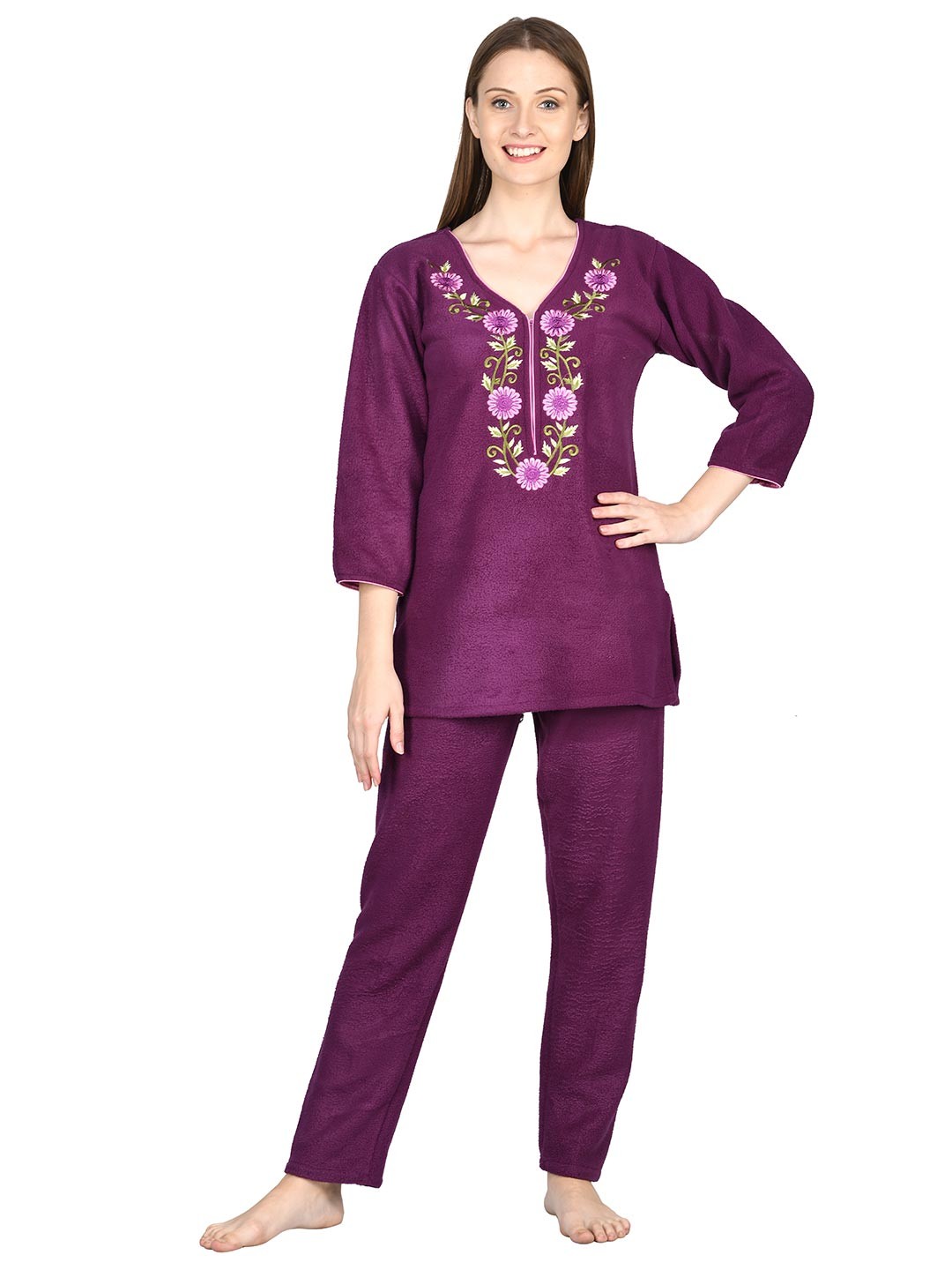 

Noty Floral Printed V-Neck Night suit, Purple