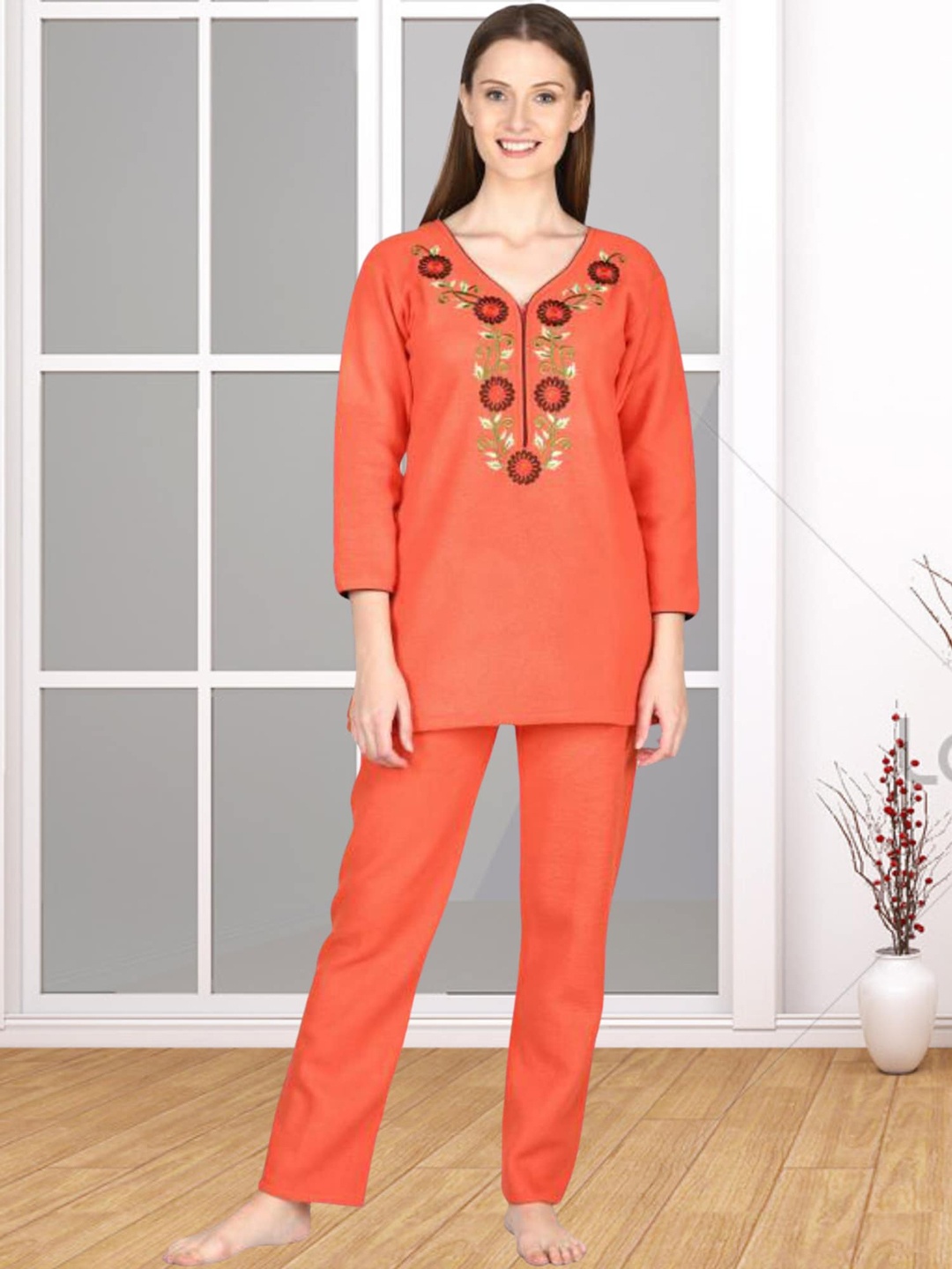 

Noty Floral Embroidered V-Neck Top & Pyjama, Coral