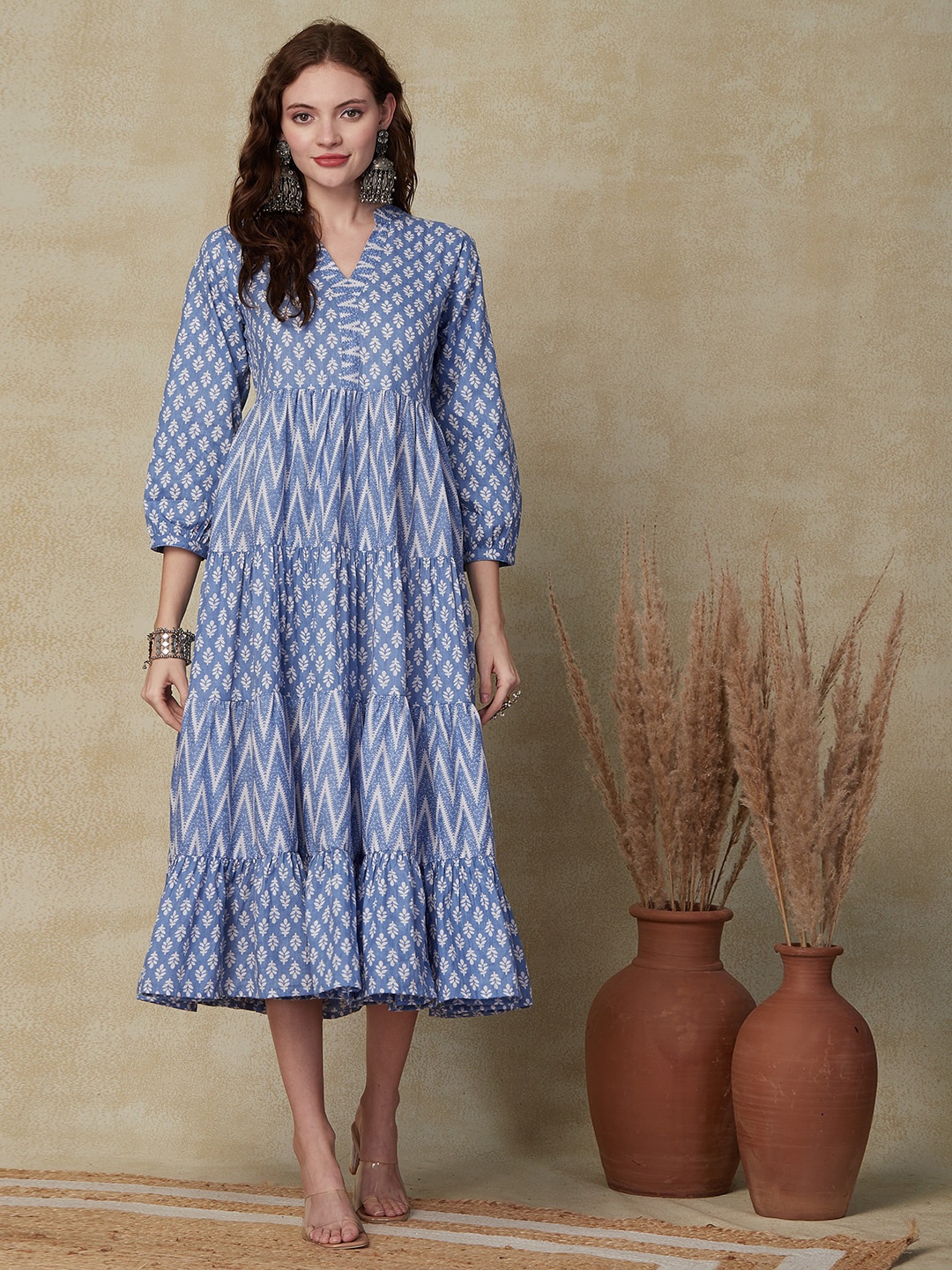 

FASHOR Blue Ethnic Motifs Printed Mandarin Collar Cotton A-Line Midi Ethnic Dress