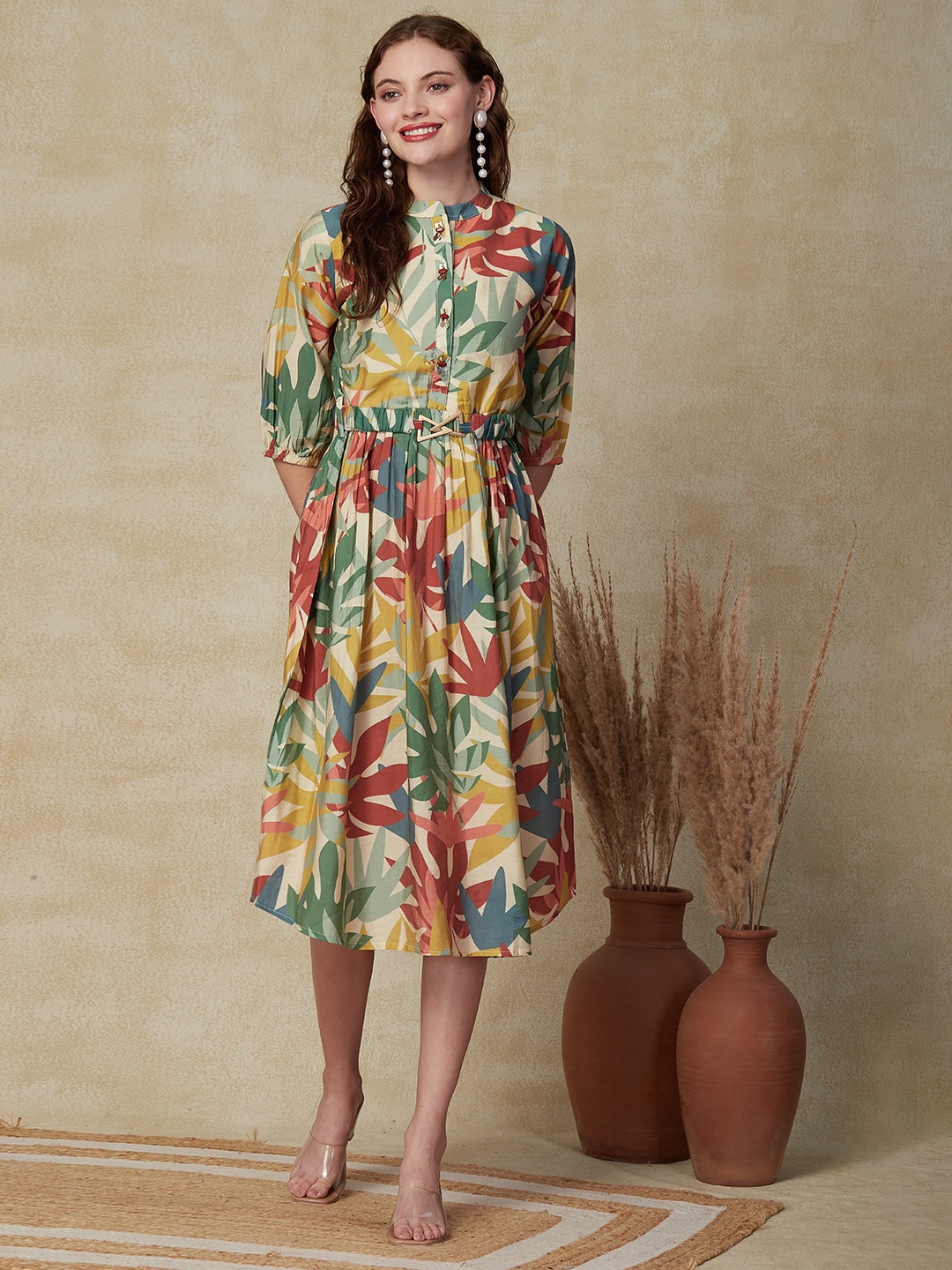 

FASHOR Floral Printed Mandarin Collar Puff Sleeves Fit and Flare Dress, Yellow