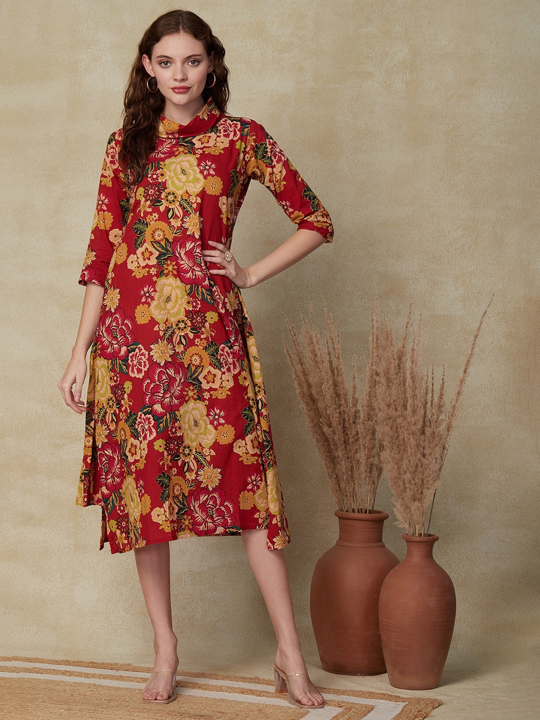 

FASHOR Floral Printed High Neck Cotton A-Line Midi Dress, Red