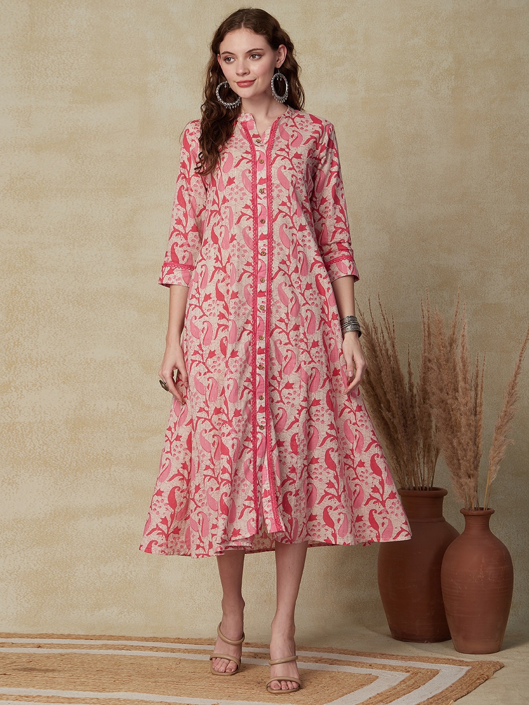 

FASHOR Pink Ethnic Motifs Printed Paneled A-Line Cotton Midi Ethnic Dress