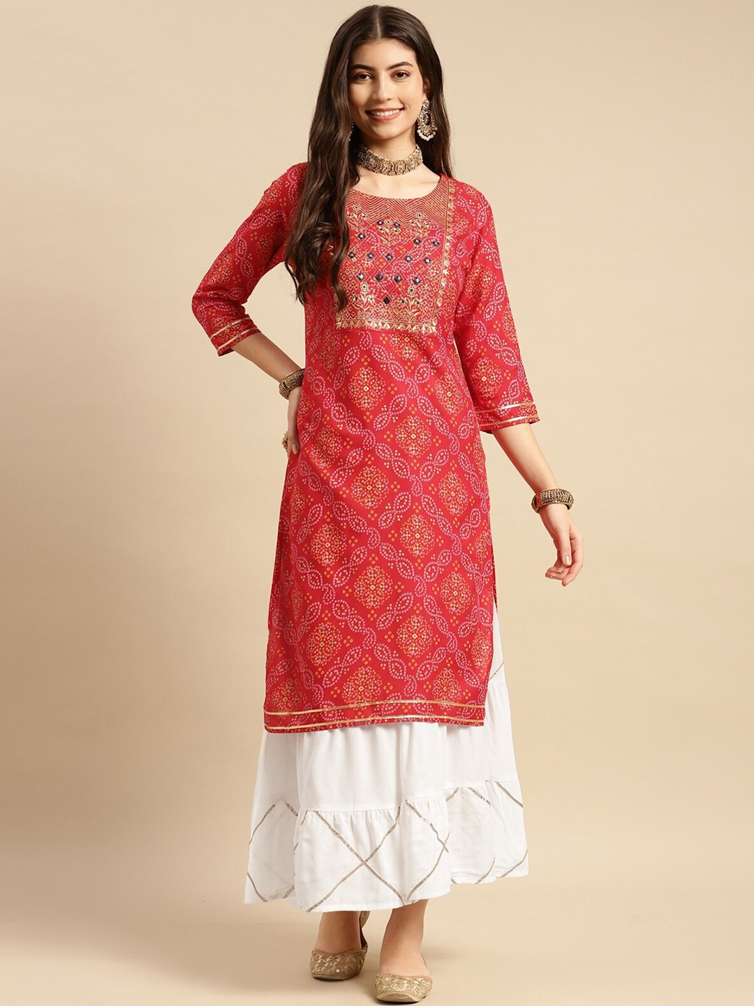 

Rangita Bandhani Printed Regular Thread Work Kurta with Sharara, Red