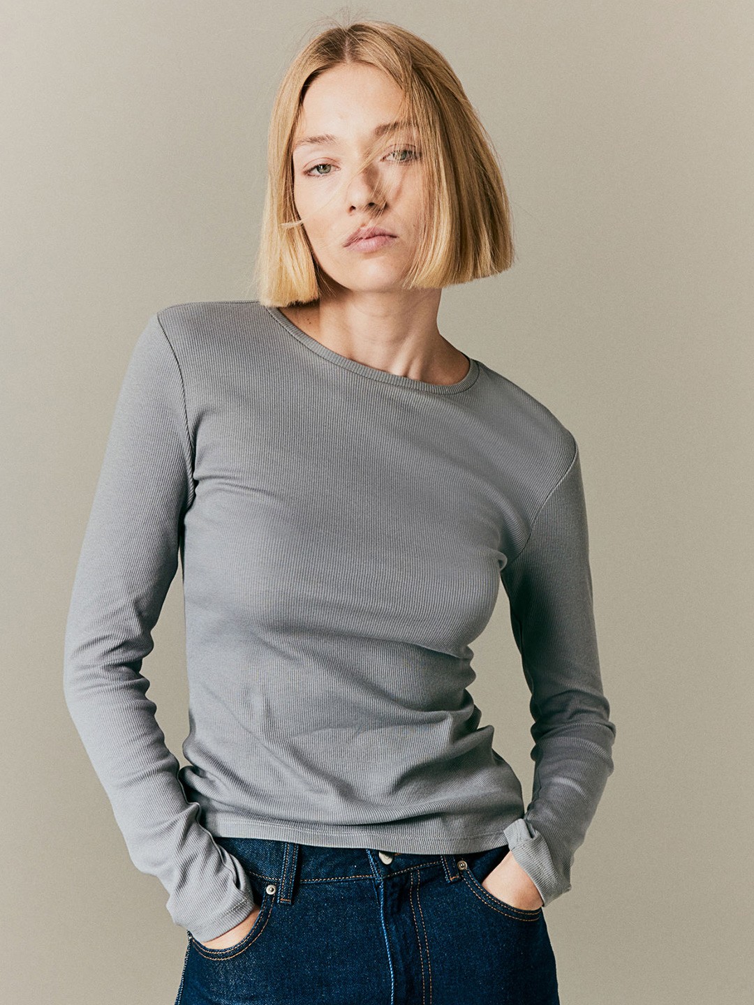 

H&M Ribbed Long-Sleeved Top, Grey