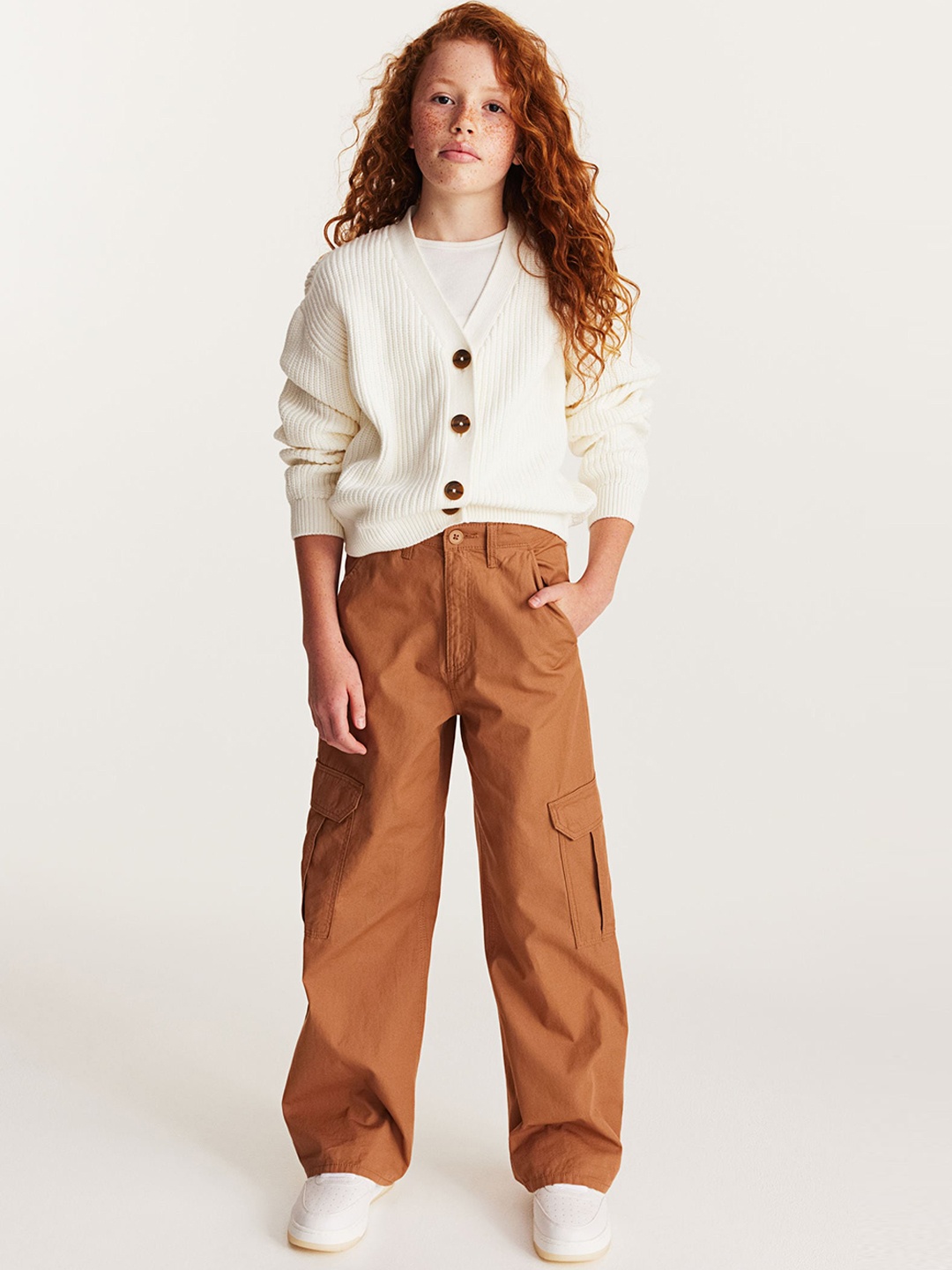

H&M Girls Pure Cotton Wide Cargo Trousers, Brown