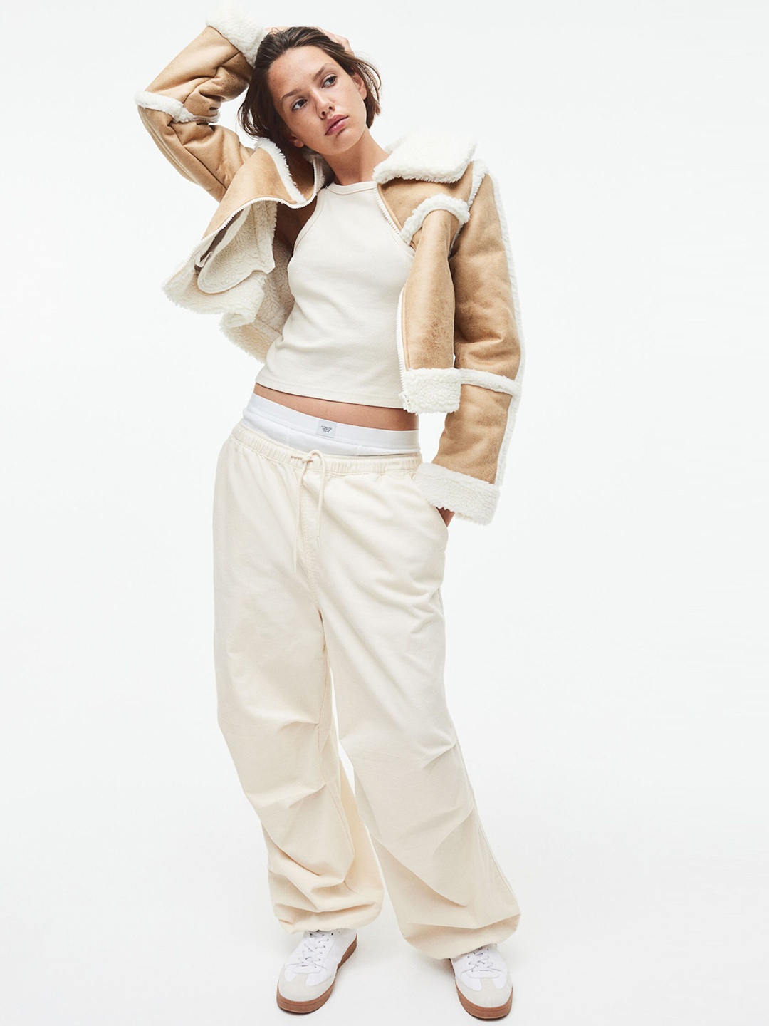 

H&M Women Corduroy Parachute Trousers, Beige