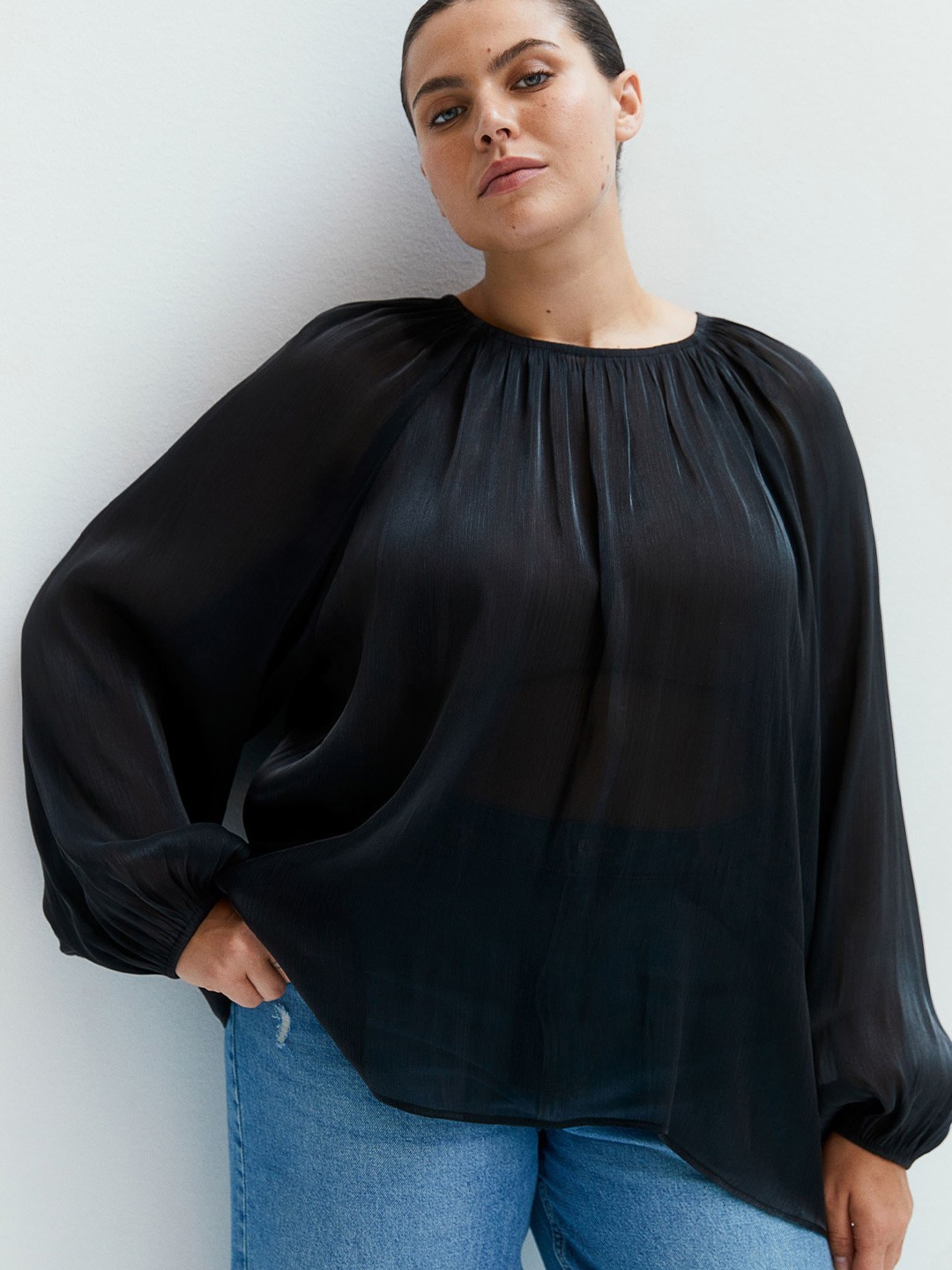 

H&M Oversized Sheer Blouse, Black