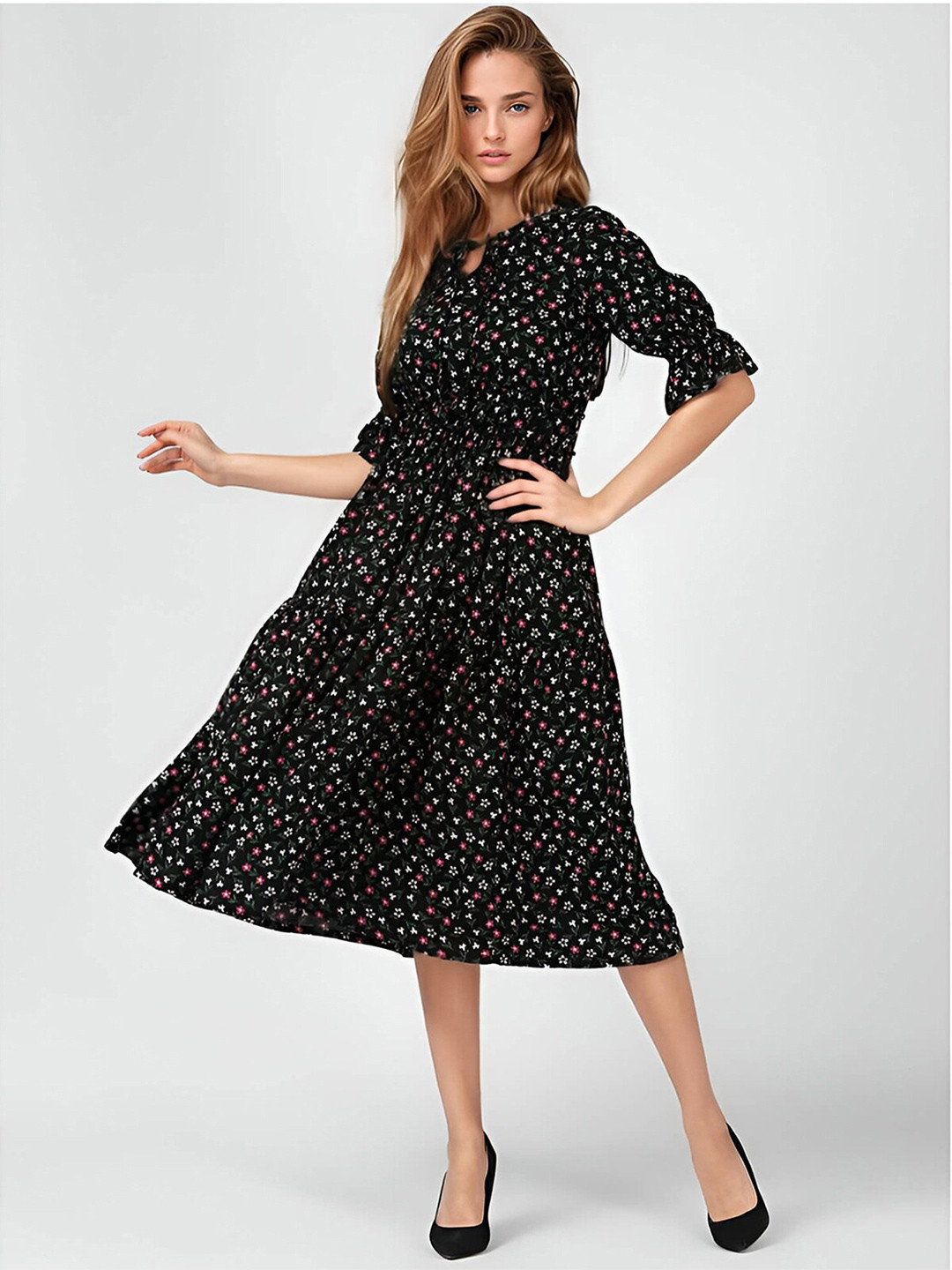 

UrbanMark Black Polka Dot Print Bell Sleeve Fit & Flare Midi Dress