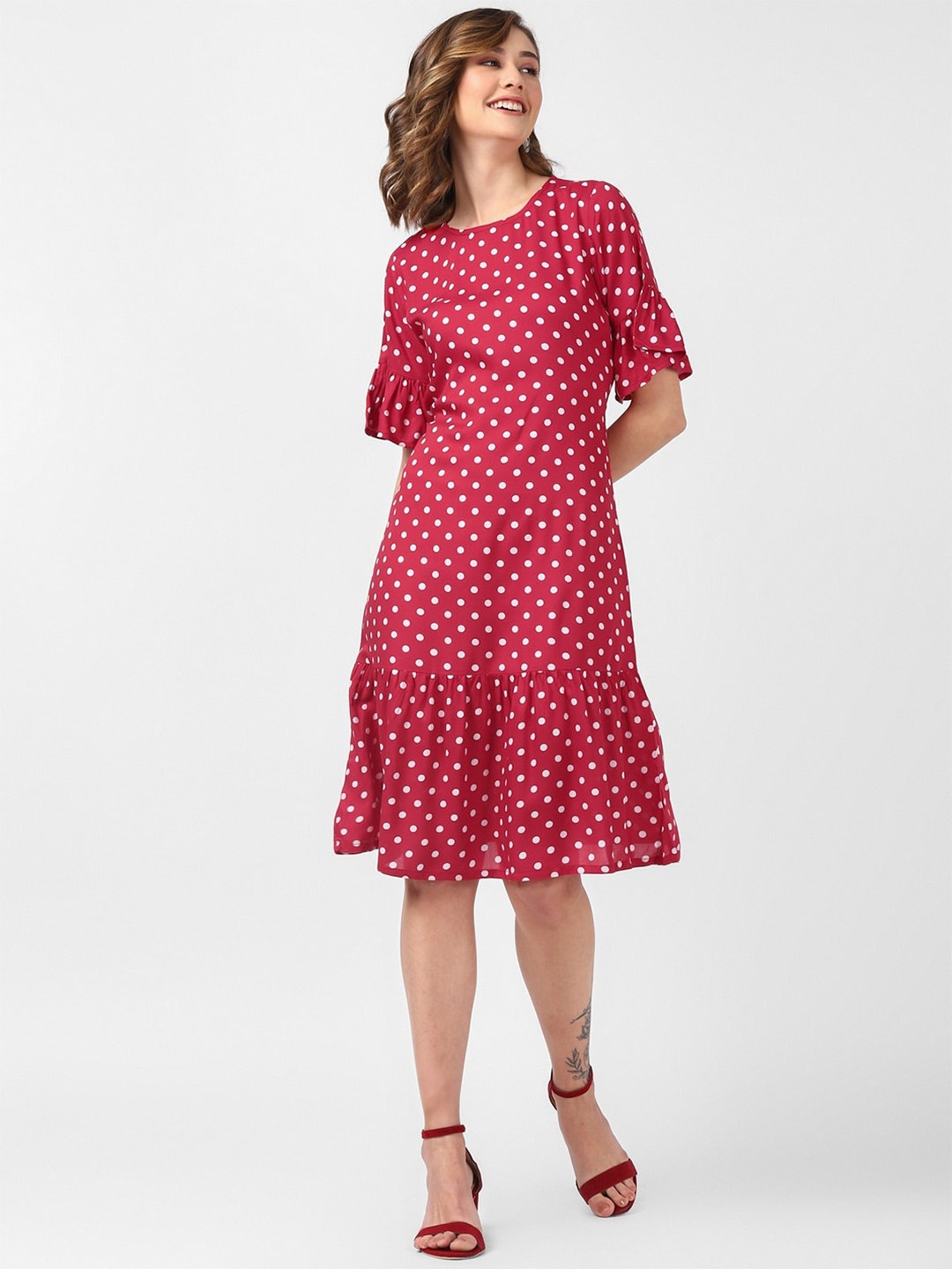 

UrbanMark Polka Dot Printed Bell Sleeve A-line Dress, Maroon